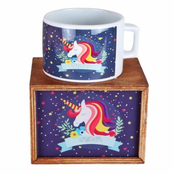 Gülümseyen Gökkuşağı Unicorn Ahşap Doğal Kutulu Kupa
