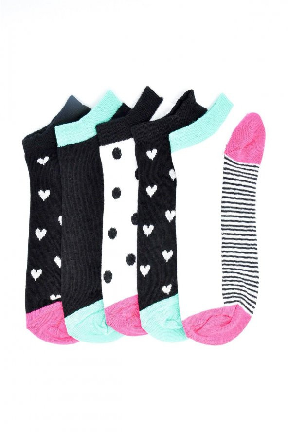 5li Kadın Kalp, Puan ve Çizgi Desenli Çorap 3471A-B5