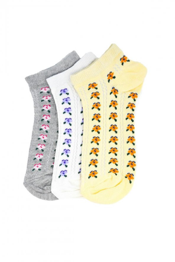 3lü Kadın Çiçek Desenli Çorap 3419-B3