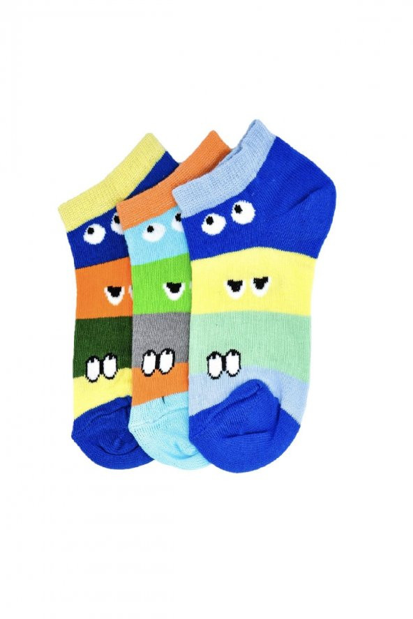 3'lü Erkek Çocuk Gülen Yüz Desenli Çorap 2615-B3