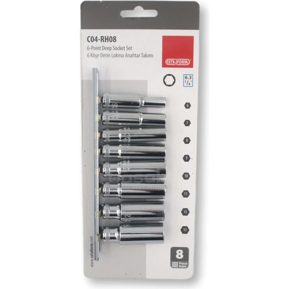 8 Parça 1/4" 6 Köşe Derin Lokma Anahtar Takımı (Raylı) - 4
