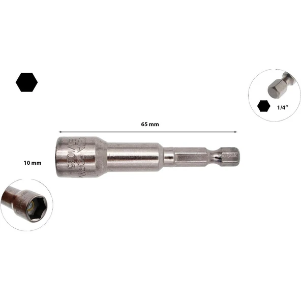 1/4" Manyetik Lokma Uç - 10 x 65 mm - 1