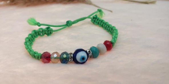 Sevimli Nazar Boncuklu  Yeşil Örgü Ayarlanabilir Şans  Bileklik