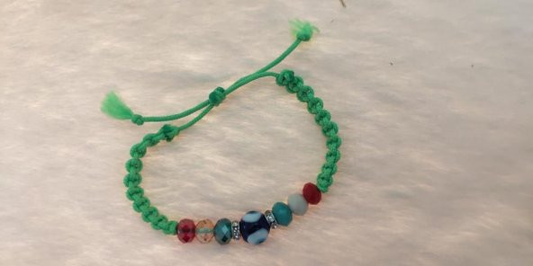 Sevimli Nazar Boncuklu  Yeşil Örgü Ayarlanabilir Şans  Bileklik - 2