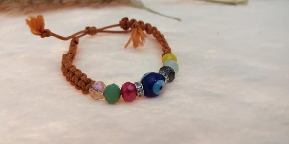 Sevimli Nazar Boncuklu Kiremit Rengi  Örgü Ayarlanabilir Bileklik