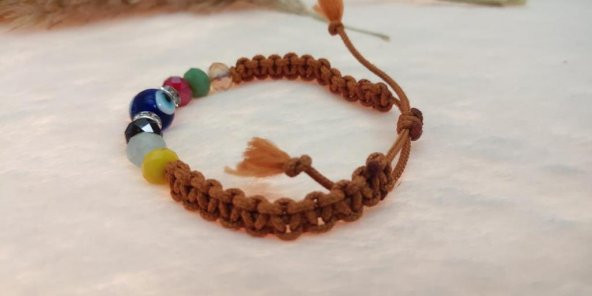 Sevimli Nazar Boncuklu Kiremit Rengi  Örgü Ayarlanabilir Bileklik - 2