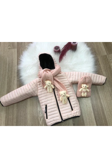 Kız Çocuk Su Ve Rüzgar Geçirmez Bere Atkılı Mont