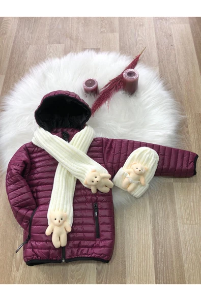 Kız Çocuk Su Ve Rüzgar Geçirmez Bere Atkılı Mont