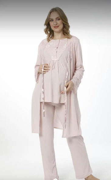NEHİR 2020  PUDRA Hamile Lohusa Pijama Sabahlık 3Lü Takım - Resim 2