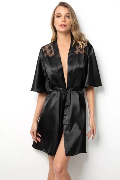 Miorre Sırtı Dantelli Saten Sabahlık - 8