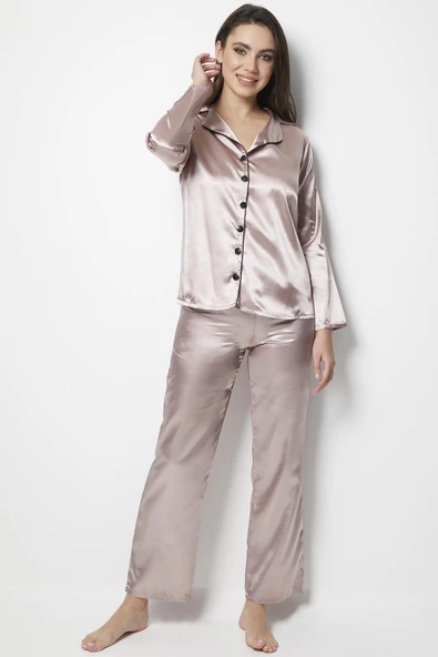 Miorre Kadın Uzun Kollu Önden Düğmeli Saten Pijama Takımı - 11