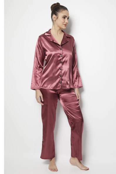 Miorre Kadın Uzun Kollu Önden Düğmeli Saten Pijama Takımı - 3