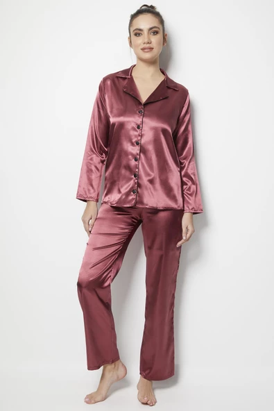 Miorre Kadın Uzun Kollu Önden Düğmeli Saten Pijama Takımı - 2