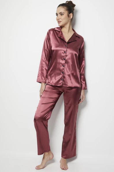 Miorre Kadın Uzun Kollu Önden Düğmeli Saten Pijama Takımı - 5