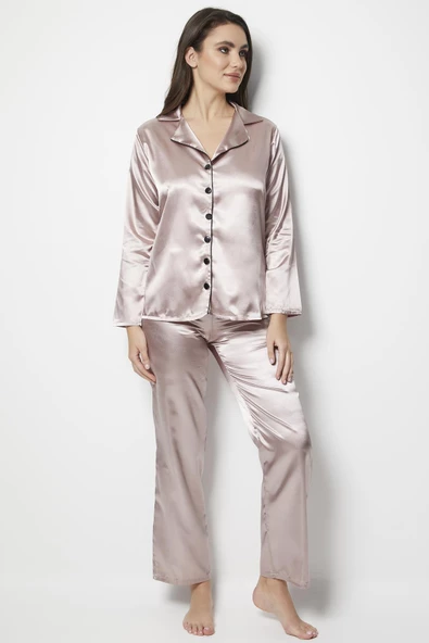 Miorre Kadın Uzun Kollu Önden Düğmeli Saten Pijama Takımı - 12