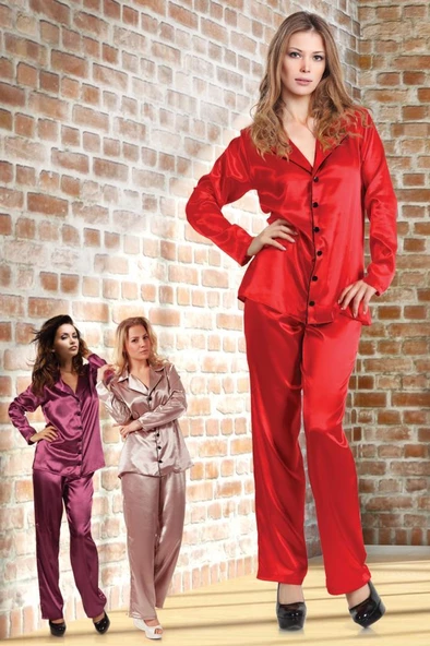 Miorre Kadın Uzun Kollu Önden Düğmeli Saten Pijama Takımı - 8