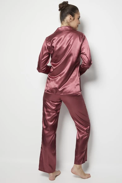 Miorre Kadın Uzun Kollu Önden Düğmeli Saten Pijama Takımı - 7