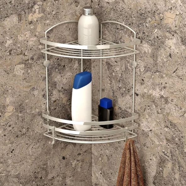 Geseus Paslanmaz Çelik İki Katlı Kancalı Banyo Köşe Rafı İnox BK082H - 2