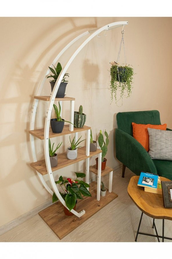 Dekoratif Metal Çiçeklik Ferforje Ahşap Çiçeklik Saksılık BEYAZ - 7