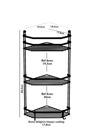 Geseus Üç Katlı Kancalı Banyo Köşe Rafı Mat Siyah ES076H - 3