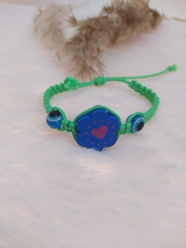 Sevimli Nazar Boncuklu Çiçek Kalp Örgü Ayarlanabilir Bileklik Yeşil