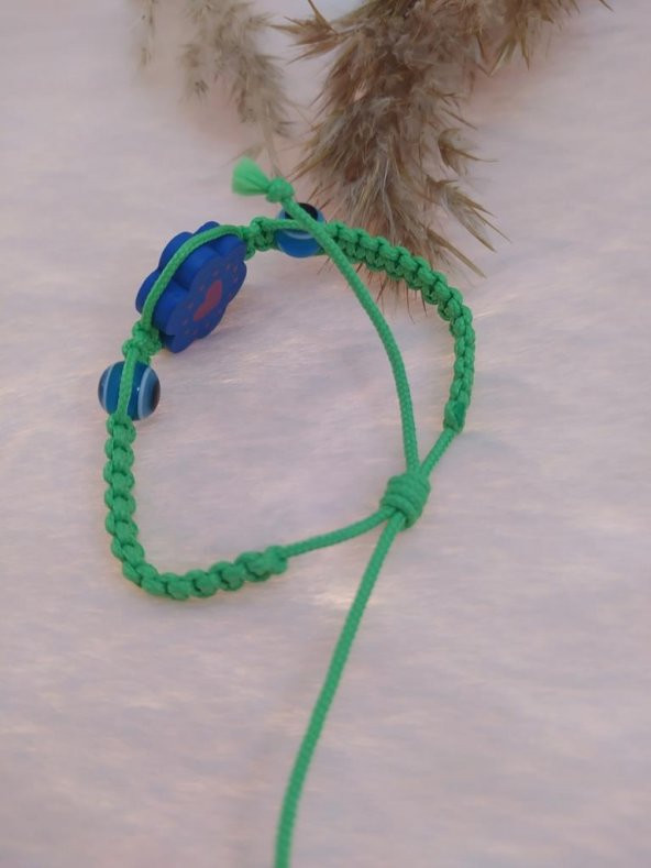 Sevimli Nazar Boncuklu Çiçek Kalp Örgü Ayarlanabilir Bileklik Yeşil - 3