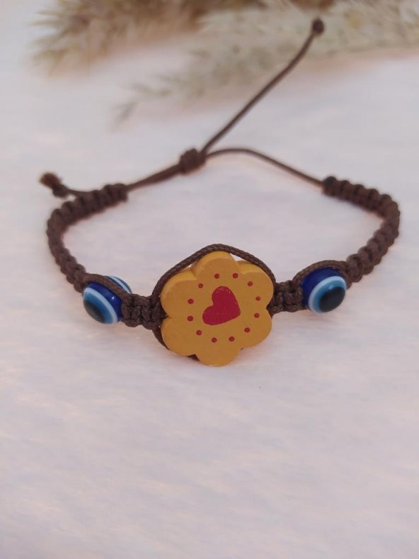 Sevimli Nazar Boncuklu Çiçek Kalp Örgü Ayarlanabilir Bileklik Kahverengi