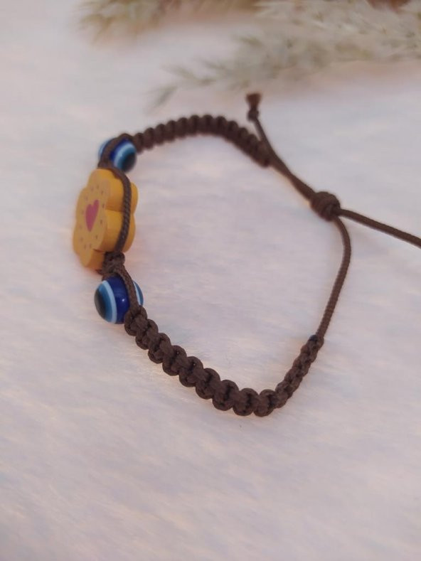 Sevimli Nazar Boncuklu Çiçek Kalp Örgü Ayarlanabilir Bileklik Kahverengi - 2