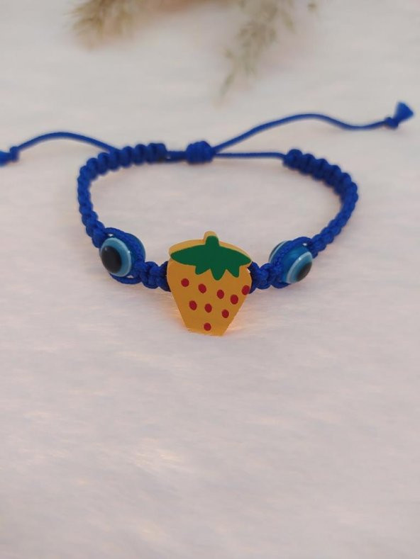 Sevimli Nazar Boncuklu Sarı Çilek Örgü Ayarlanabilir Bileklik Mavi