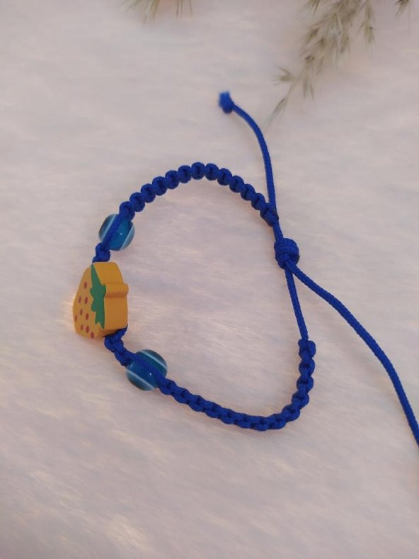 Sevimli Nazar Boncuklu Sarı Çilek Örgü Ayarlanabilir Bileklik Mavi - 2