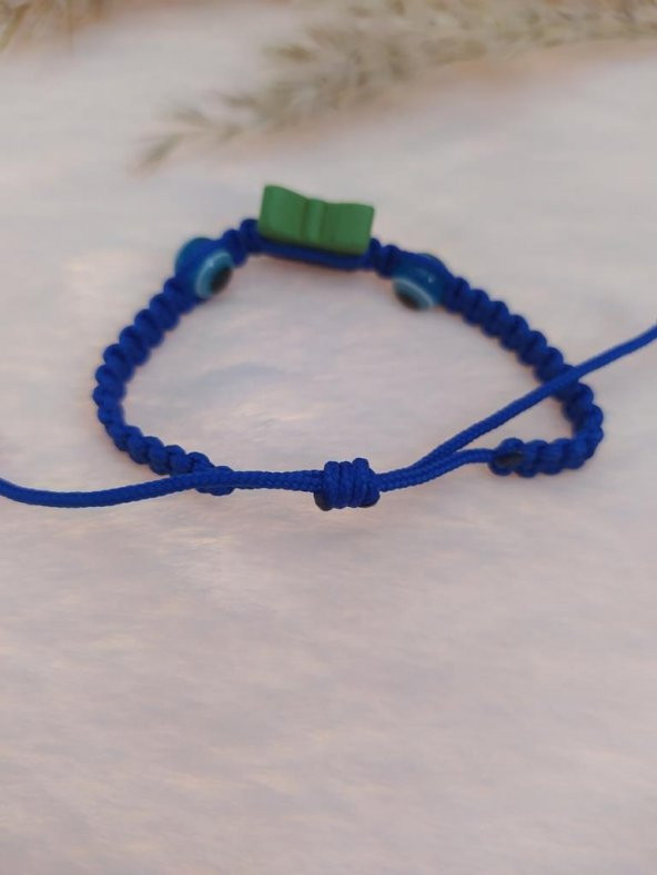 Sevimli Nazar Boncuklu Yeşil Kelebek Örgü Ayarlanabilir Bileklik Mavi - 3