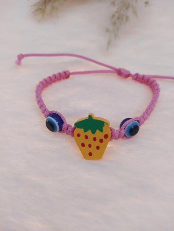 Sevimli Nazar Boncuklu Sarı Çilek Örgü Ayarlanabilir Bileklik Pembe