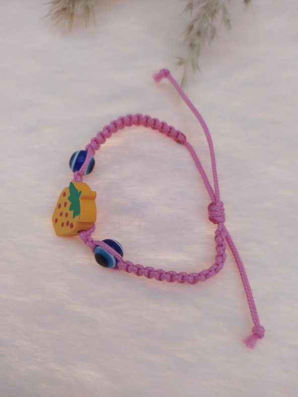 Sevimli Nazar Boncuklu Sarı Çilek Örgü Ayarlanabilir Bileklik Pembe - 2