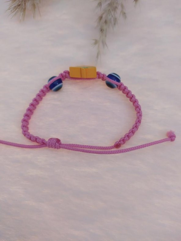 Sevimli Nazar Boncuklu Sarı Çilek Örgü Ayarlanabilir Bileklik Pembe - 3