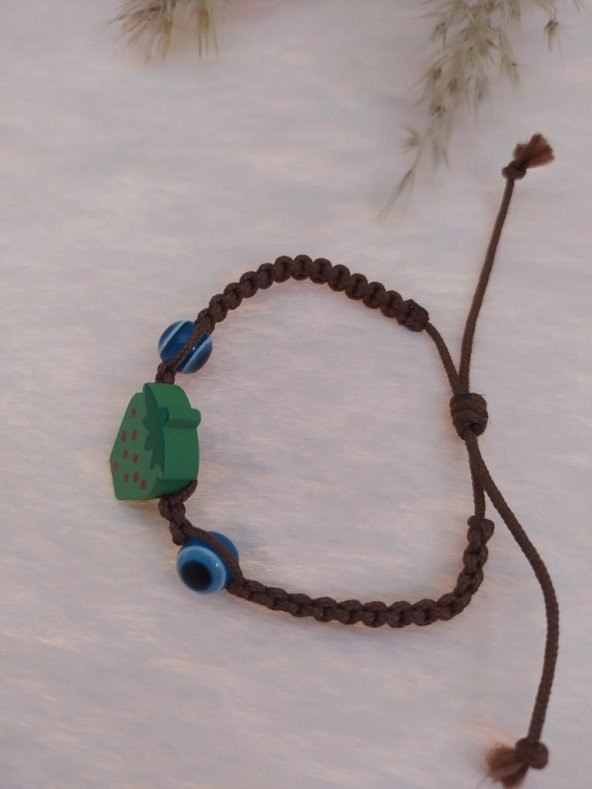 Sevimli Nazar Boncuklu Yeşil Çilek Örgü Ayarlanabilir Bileklik Kahverengi - 2