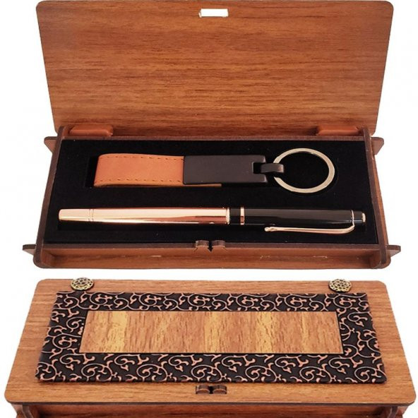 hşap Kutulu Bakır Roller Kalem Taba Anahtarlık Set ürün görseli