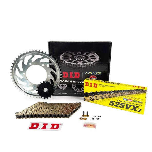 ZİNCİR DİŞLİ SETİ DUCATI PANIGALE (1199 cc) (2012-2015) / DUCATI / PANIGALE / 1199cc / ZİNCİR: DID-525VX3 (Gold)-104 / ÖN DİŞLİ :  JT (15T)  / ARKA DİŞLİ: SUNSTAR (39T) / 2012-2013-2014-2015