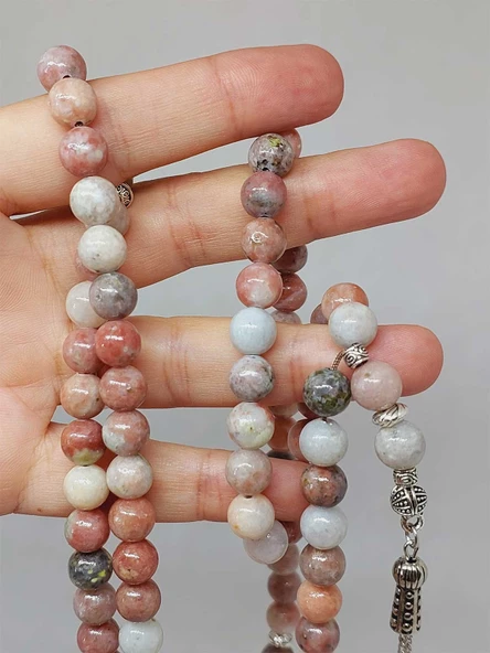 Jasper Taşı Pembe-Beyaz Karışık Renkler 99luk Tesbih 8mm (24005) - Resim 4