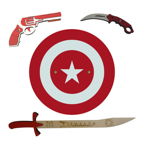 Kaptan Türkiye Seti 4 Parça, Ahşap Kalkan, Kılıç, Karambit, Tabanca