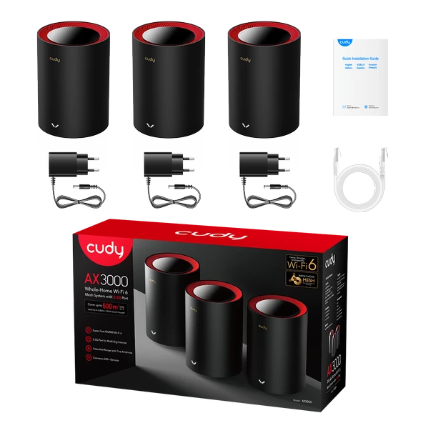 Cudy Router M3000 3-Pack Ax3000Mbps 2.4Ghz/5Ghz Ap/Re/Wısp 2.5Ge Mu-Mımo Kablosuz 3'Lü Mesh Wi-Fi 6 - 3