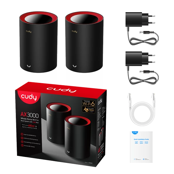 Cudy Router M3000 2-Pack Ax3000Mbps 2.4Ghz/5Ghz Ap/Re/Wısp 2.5Ge Mu-Mımo Kablosuz 2'Li Mesh Wi-Fi 6 - 2