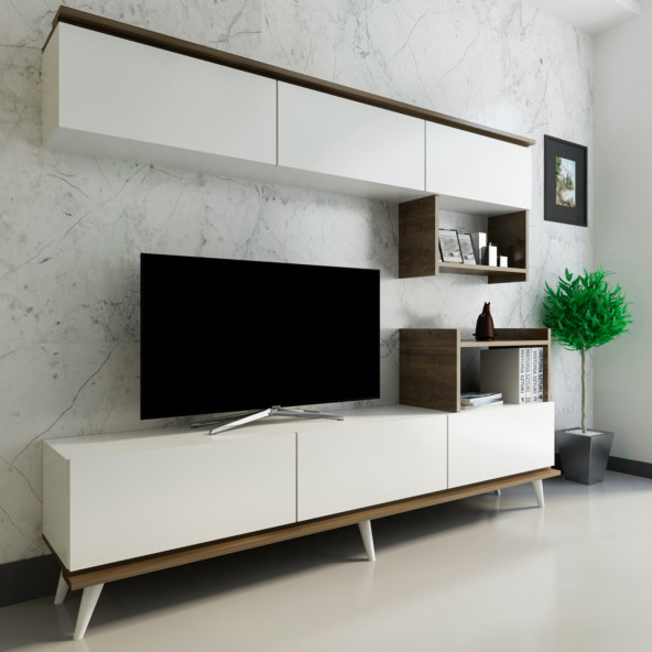 Arnetti Hazal Televizyon Ünitesi Beyaz-Ceviz 72x180,4x33,1 Çift Raflı ve 6 Dolaplı Özel Tasarım
