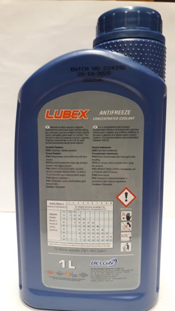 LUBEX ANTİFRİZ MAVİ CONCENTRATE 1 LT