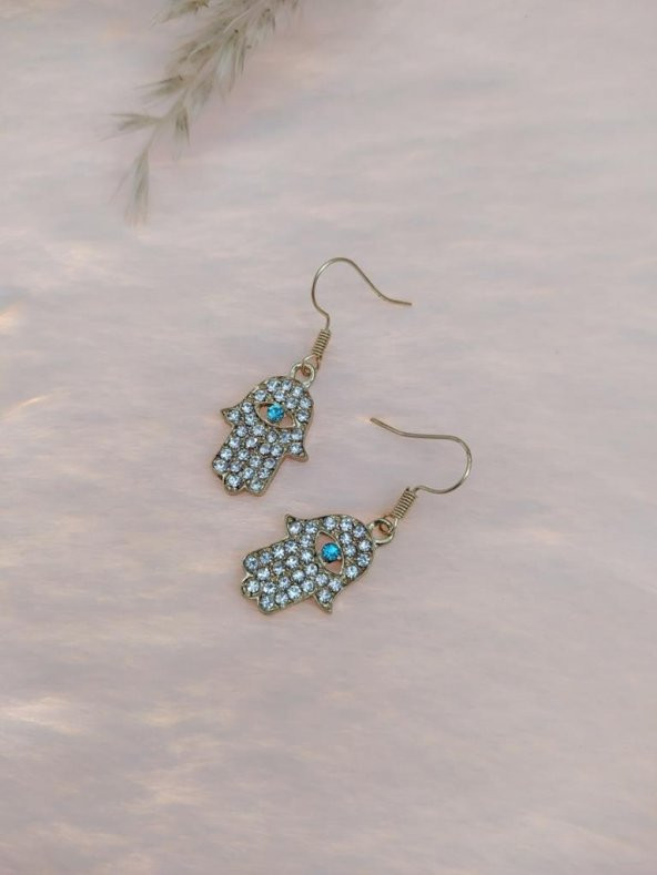 Hdmarketim Otantik Swarovski Taşlı Sallantılı Hamsa Figürlü Küpe Sarı - 2