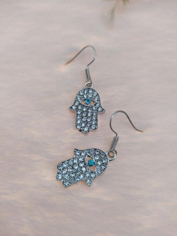 Hdmarketim Otantik Swarovski Taşlı Sallantılı Hamsa Figürlü Küpe Beyaz - Resim 2