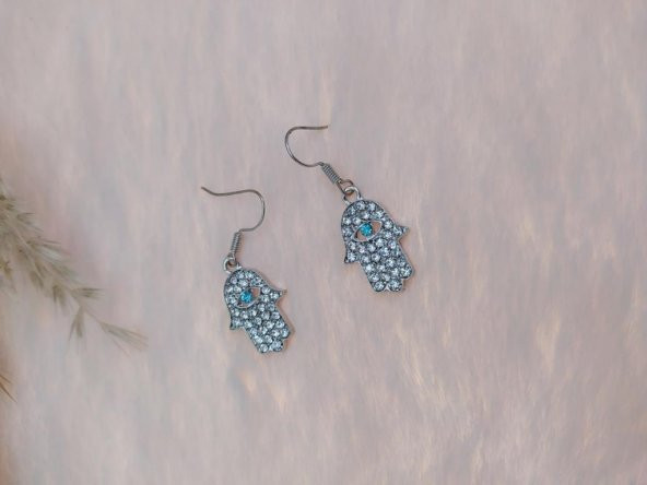 Hdmarketim Otantik Swarovski Taşlı Sallantılı Hamsa Figürlü Küpe Beyaz - Resim 3