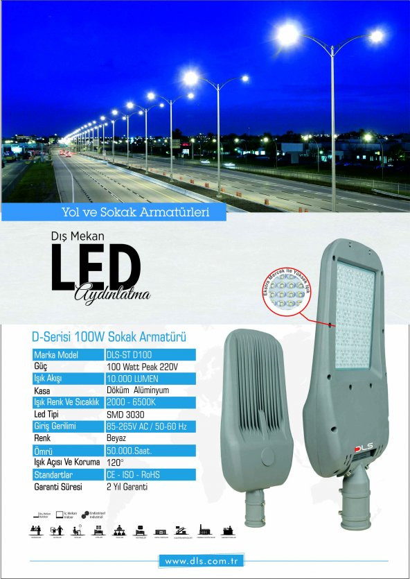 100W Led Yol Sokak Armatür DLS Park Bahçe Çevre Site Bina Dış Mekan Lamba Aydınlatma Ledli Sokak Armatürü - 2