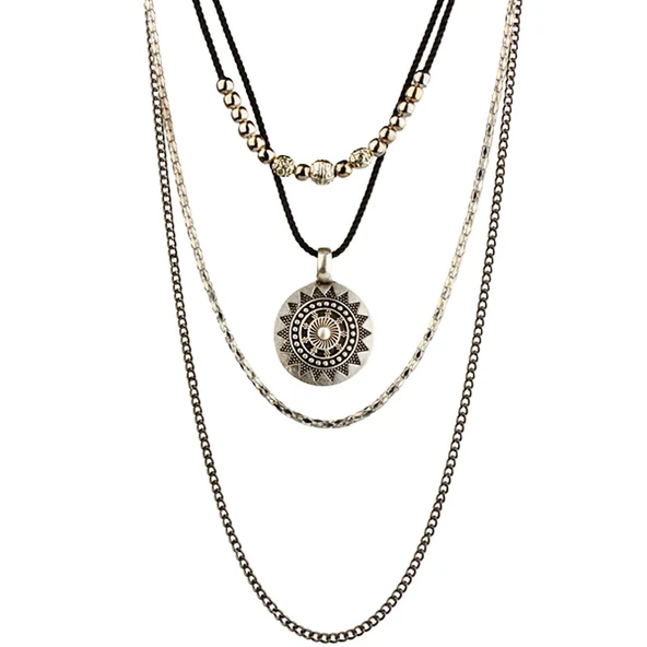 KL- İP VE ZİNCİR TASARIM ÇOKLU KOLYE ESKİTME SİLVER RENK