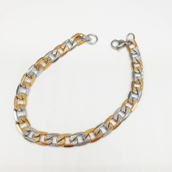 Altın ve Gümüş Renk Çizgili Çelik Bileklik - 6