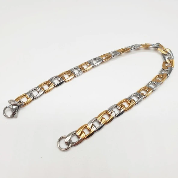 Altın ve Gümüş Renk Çizgili Çelik Bileklik - 7